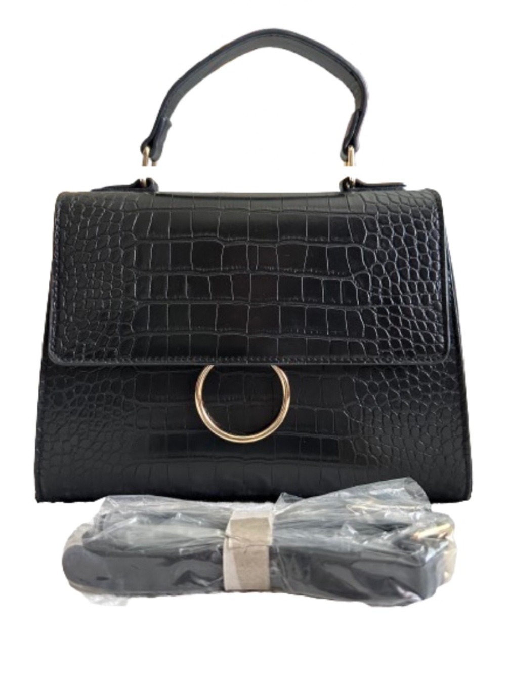 like dreams Small Black Croc-Embossed Top Handle Satchel with Gold Ring & Strap